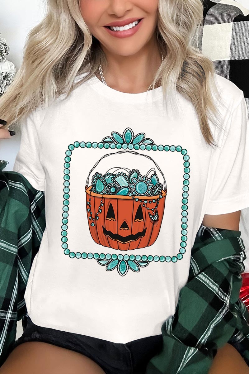 US3001P-E3140 Halloween turquoise pumpkin Graphic Plus Tee $16
