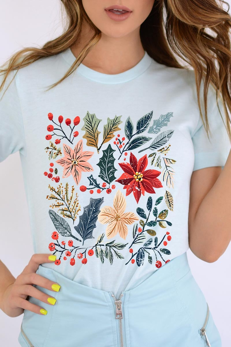 US3001P-E3186 Floral Christmas Graphic Plus Tee $16