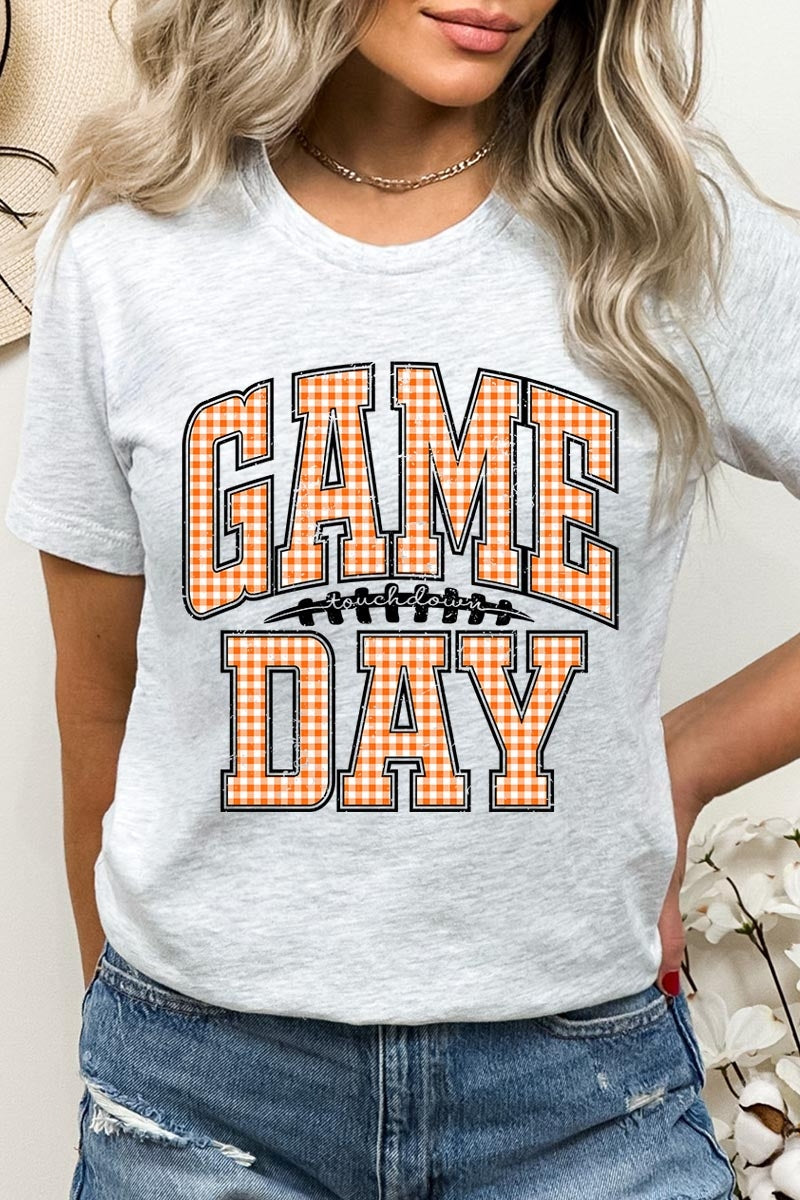 US3001-E3129 Orange Gingham Game Day Graphic Tee $12.5