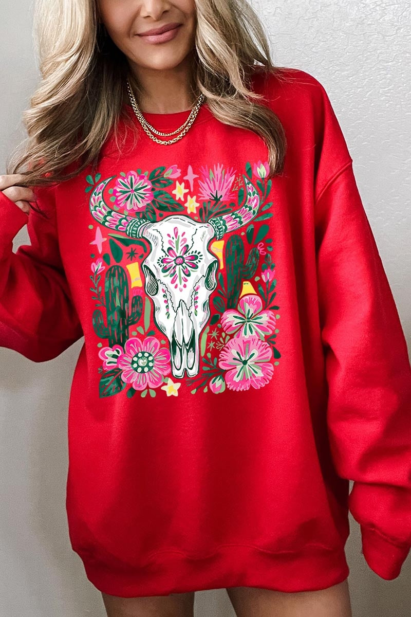 UL180-E3086 Western Floral Cow Skull Graphic Sweatshirt $20