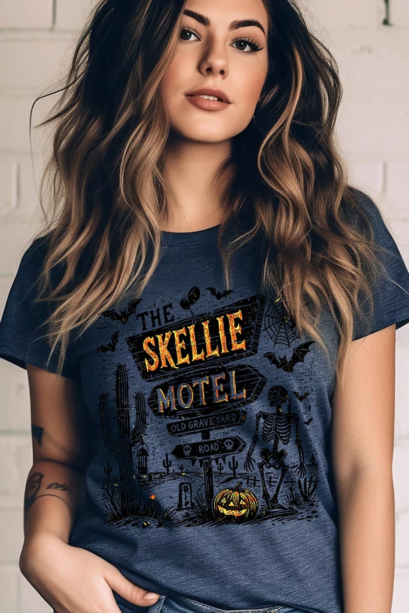 US3001-E3108 Skellie Motel Halloween Graphic Tee $12.5