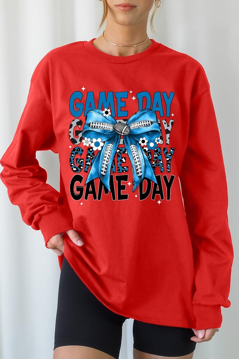 UL240-E3089 Blue Silver Football Game Day Bow Long Sleeve Tee $13.75