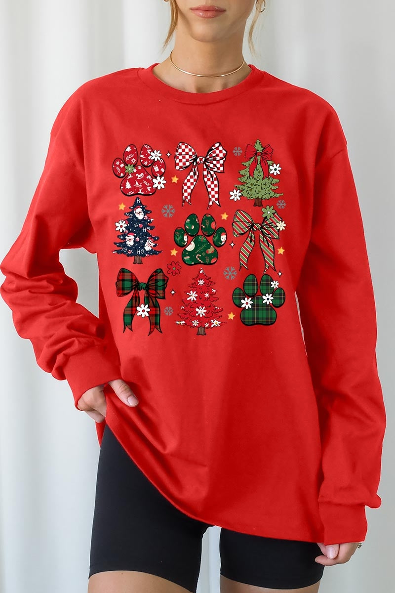 UL240-E3195 Christmas Bow Paw Graphic Long Sleeve Tee $13.75