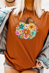 US3001-E3118 Floral Pumpkin Graphic Tee $12.5