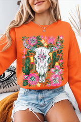 UL180P-E3086 Western Floral Cow Skull Graphic Plus Sweatshirt $25