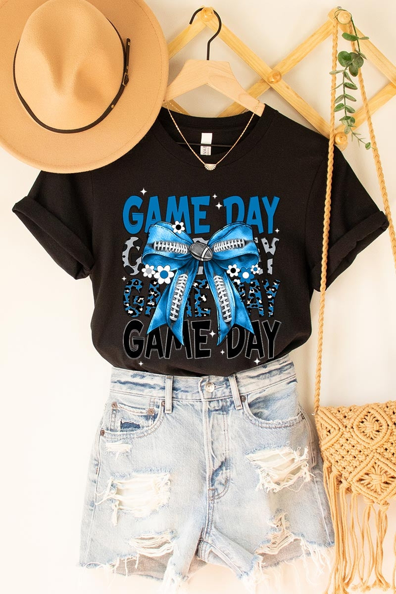 US3001-E3089 Blue Silver Football Game Day Bow Graphic Tee $12.5