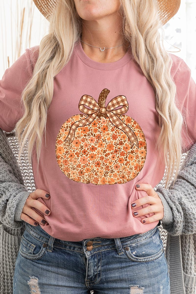 US3001P-E3135 Floral Fall Pumpkin Graphic Plus Tee $16