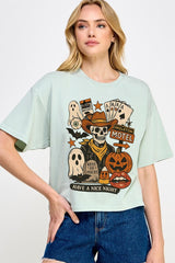 CTS-E3107 Spooky Western Skeleton Graphic Relaxed Crop Top $11