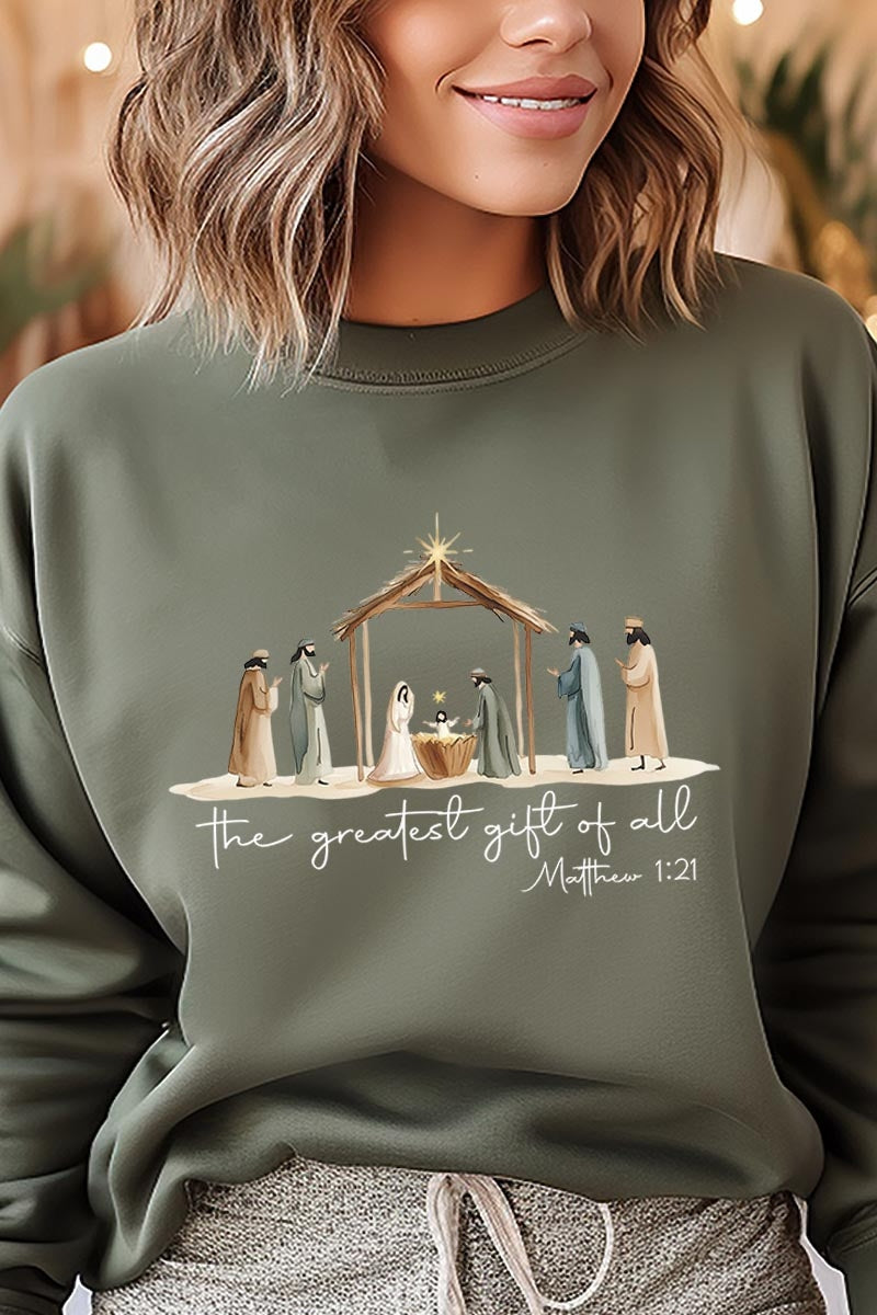 UL180P-E3183 Nativity Gift Graphic Plus Sweatshirt $25