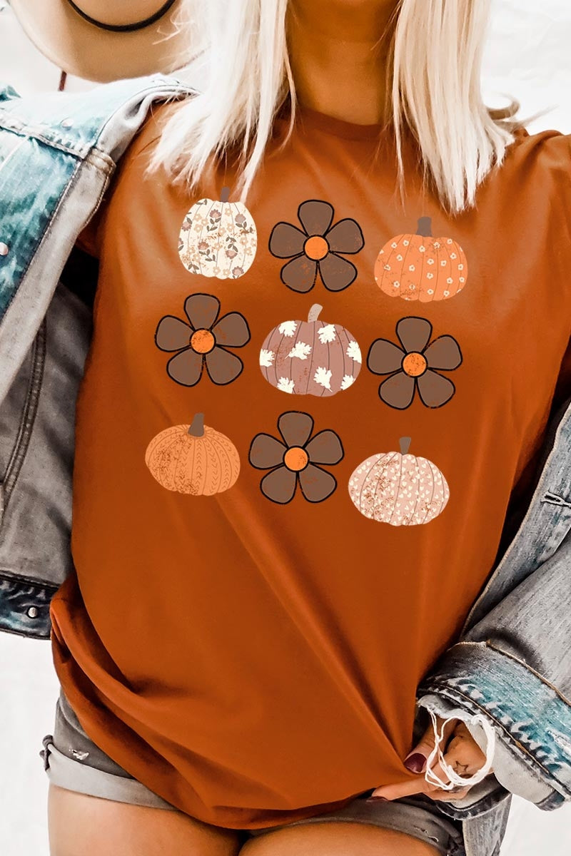 US3001-E3117 Pumpkins & Flowers Fall Graphic Tee $12.5