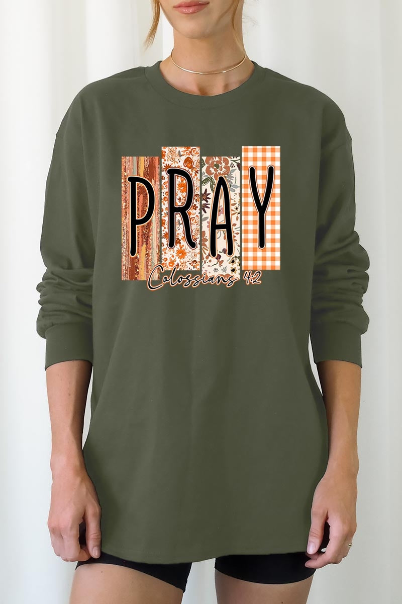 UL240P-E3166 Pray Fall Christian Graphic Plus Long Sleeve Tee $17