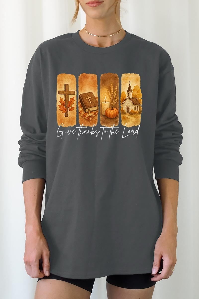 UL240-E3169 Give Thanks To The Lord Graphic Long Sleeve Tee $13.75