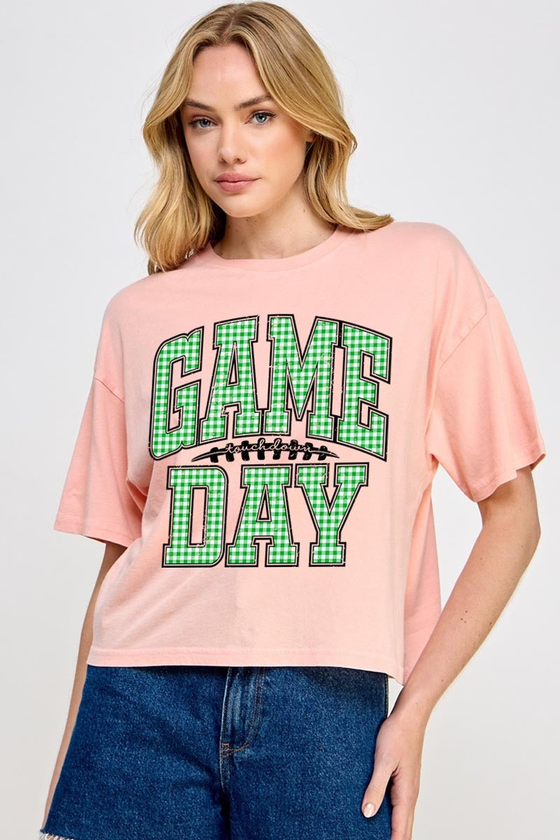 CTS-E3128 Green Gingham Game Day Graphic Relaxed Crop Top $11