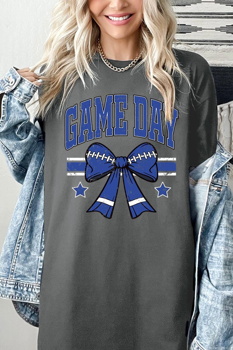 5000-E3065 Blue Football Bow Graphic Heavy Cotton Tee $9