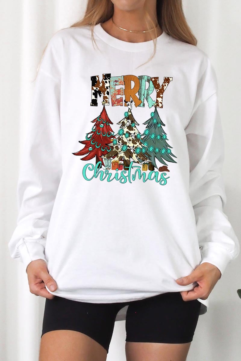 UL240P-E3200 Merry Christmas Trees Graphic Plus Long Sleeve Tee $17
