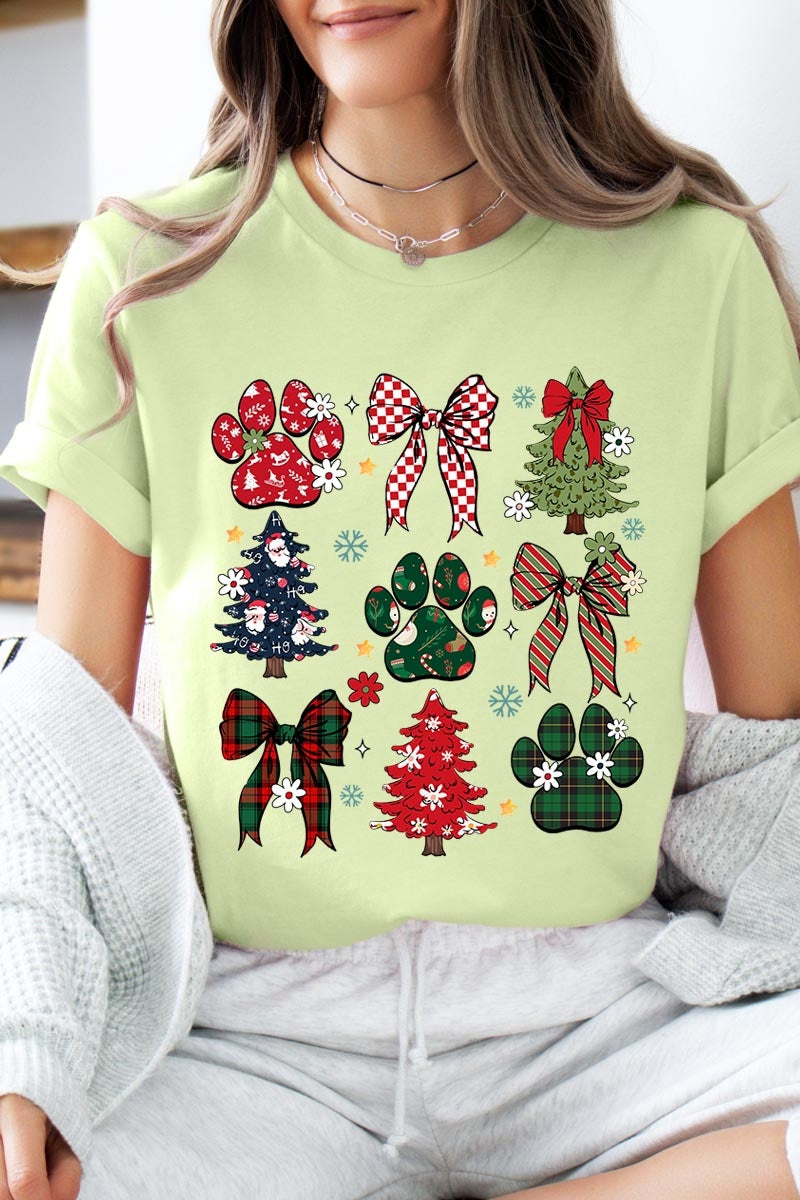 US3001-E3195 Christmas Bow Paw Graphic Tee $12.5