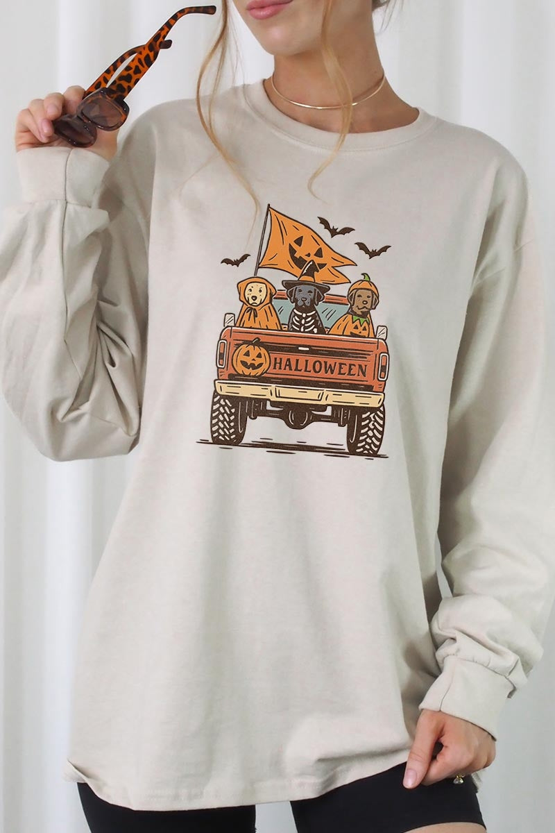 UL240P-E3150 Halloween Truck Dogs Graphic Plus Long Sleeve Tee $17