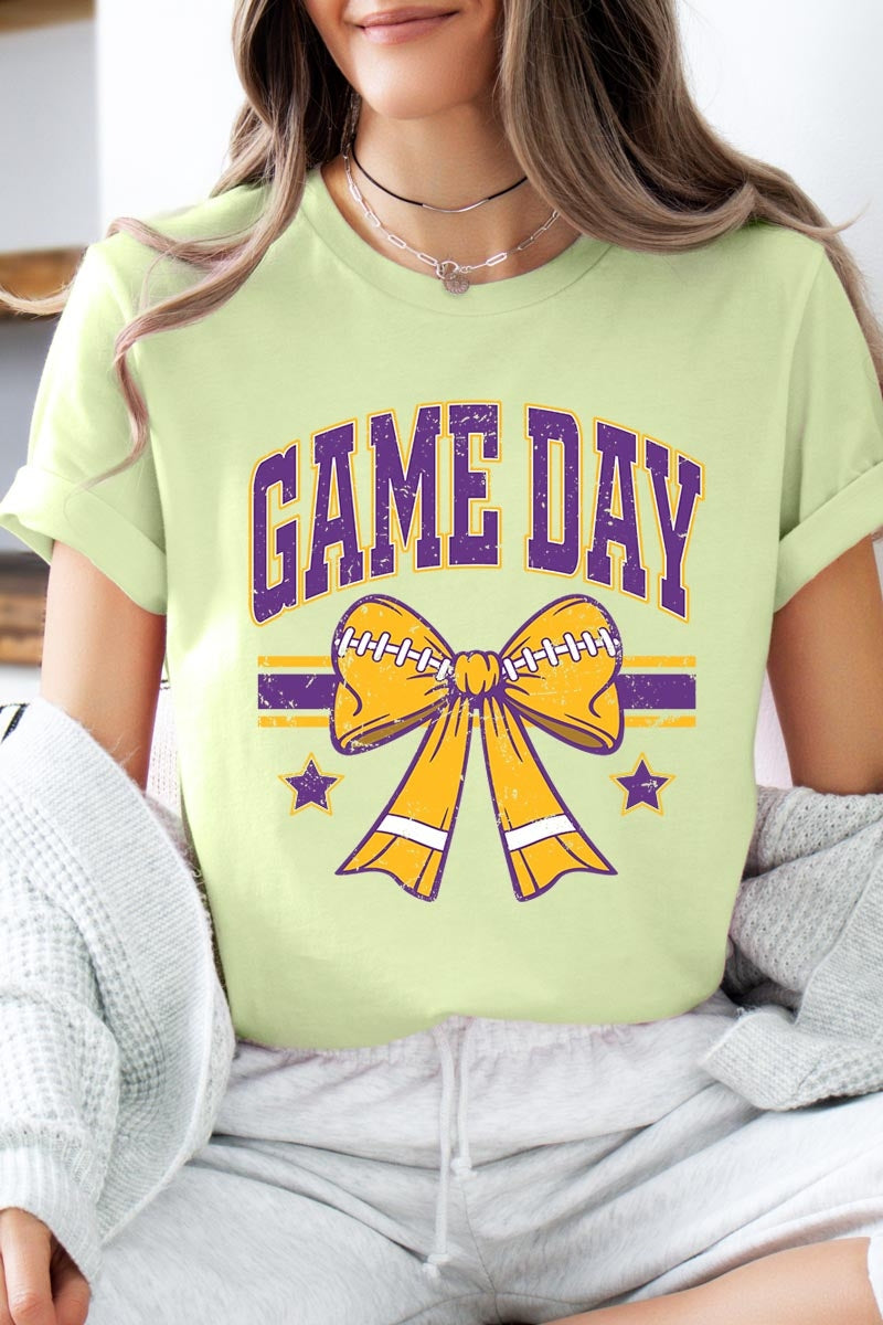 US3001-E3063 Purple Game Day Football Bow Graphic Tee $12.5
