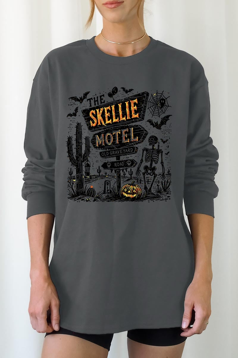 UL240-E3108 Skellie Motel Halloween Graphic Long Sleeve Tee $13.75