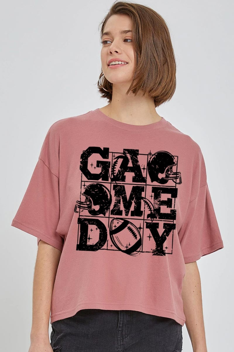 CTS-E3073 Distressed Game Day Graphic Relaxed Crop Top $11