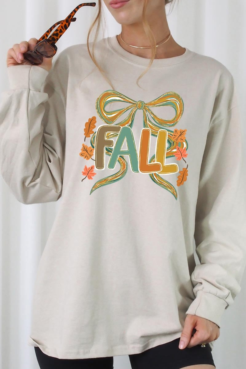 UL240-E3121 Fall Brushstroke Bow Graphic Long Sleeve Tee $13.75