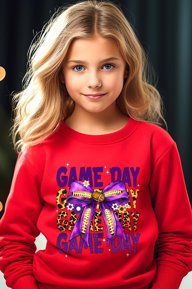 UL180B-E3092Z Purple Yellow Football GameDay Bow Kids Sweatshirt $20