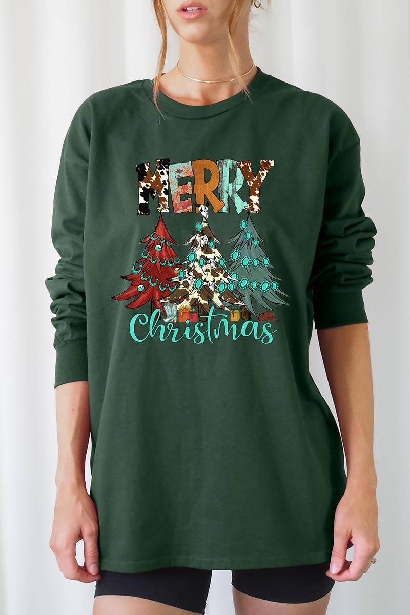 UL240P-E3200 Merry Christmas Trees Graphic Plus Long Sleeve Tee $17