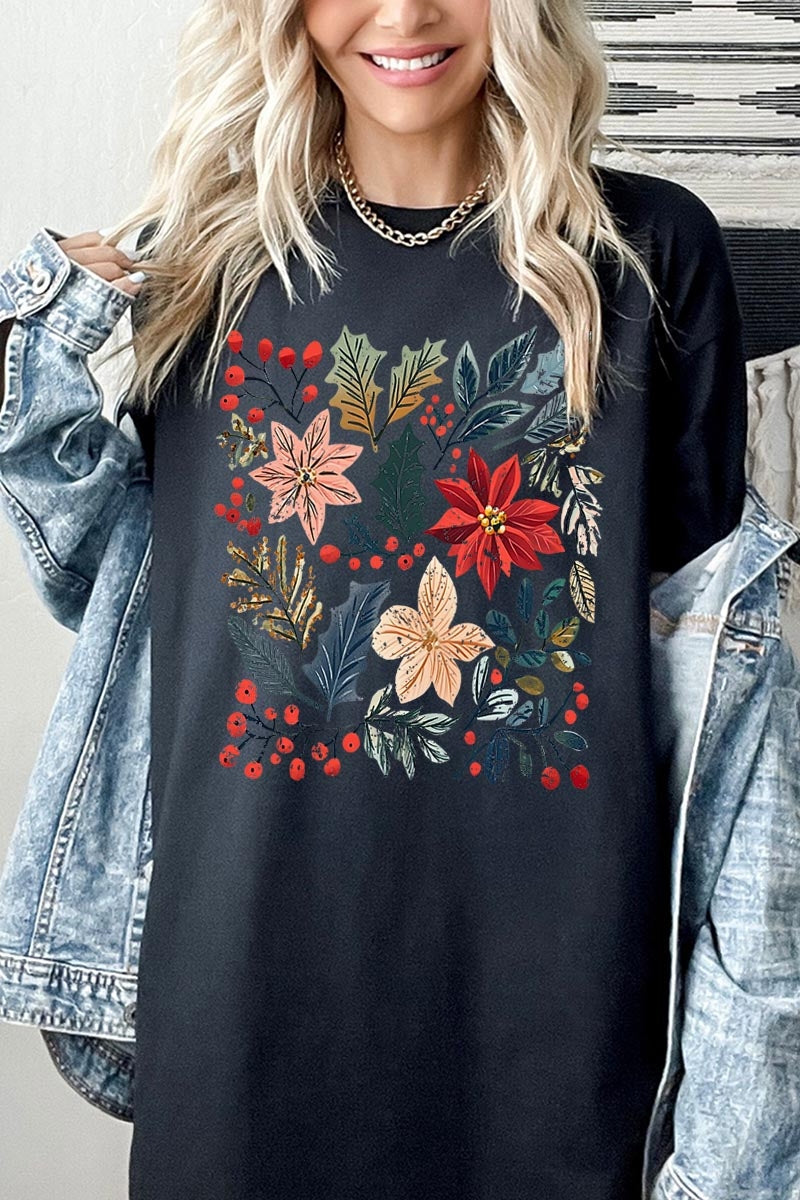 5000-E3186 Floral Christmas Graphic Heavy Cotton Tee $9