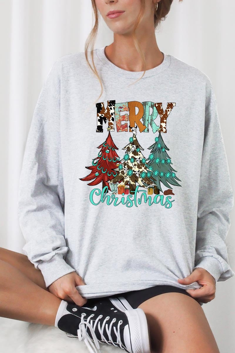 UL240-E3200 Merry Christmas Trees Graphic Long Sleeve Tee $13.75