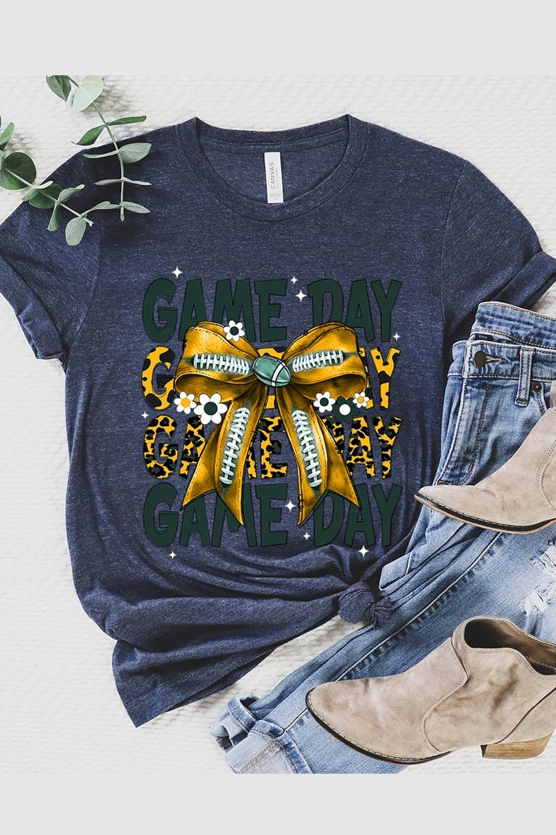 US3001P-E3090 Yellow Football Game Day Bow Graphic Plus Tee $16