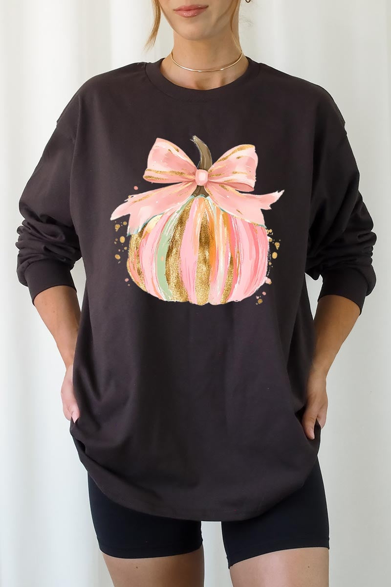 UL240P-E3083 Brushstroke Pumpkin Graphic Plus Long Sleeve Tee $17