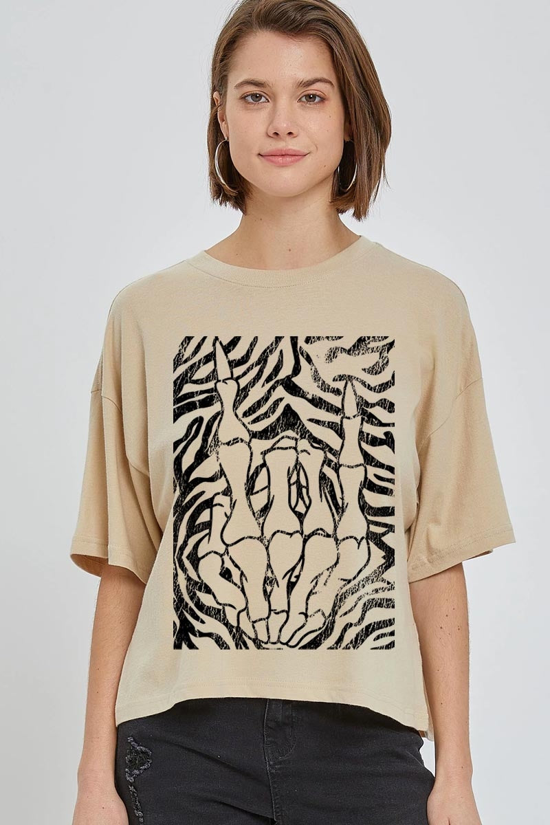 CTS-E3177 Skeleton Hands Zebra Graphic Relaxed Crop Top $11
