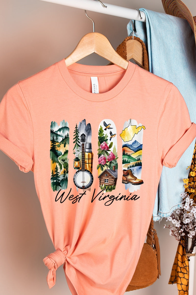 US3001P-E3061WV West Virginia State Brushstroke Graphic Plus Tee $16