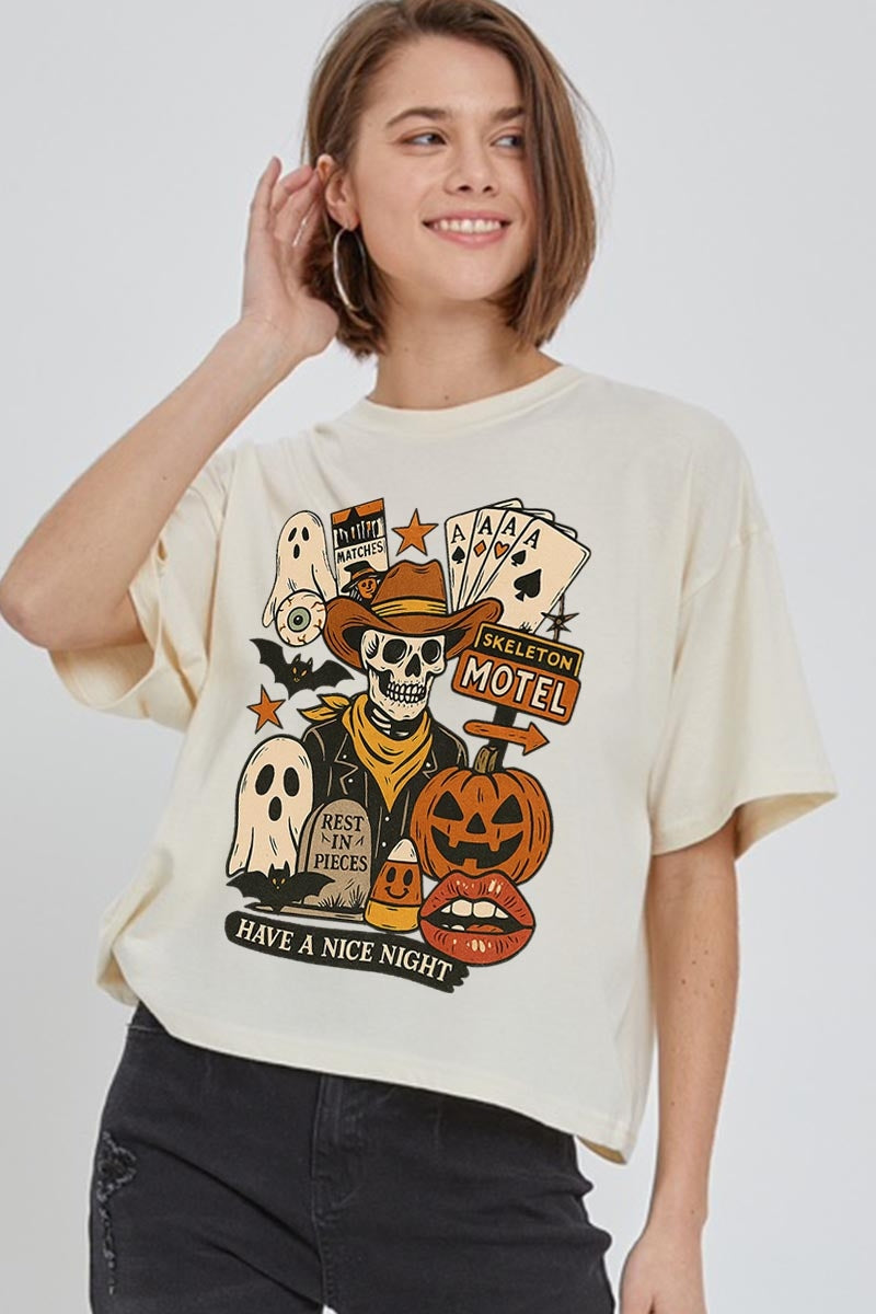CTS-E3107 Spooky Western Skeleton Graphic Relaxed Crop Top $11