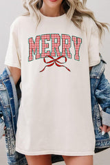 5000P-E3206 Plaid Merry Christmas Bow Graphic Plus Heavy Cotton Tee $12.75