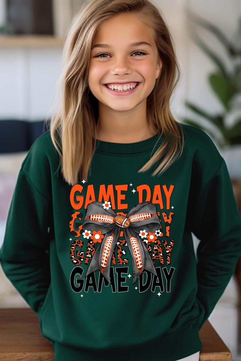 UL180B-E3088Z Orange Black Football Game Day Bow Kids Sweatshirt $20