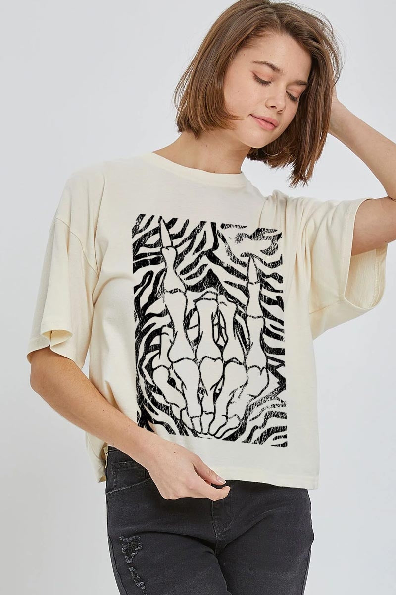 CTS-E3177 Skeleton Hands Zebra Graphic Relaxed Crop Top $11