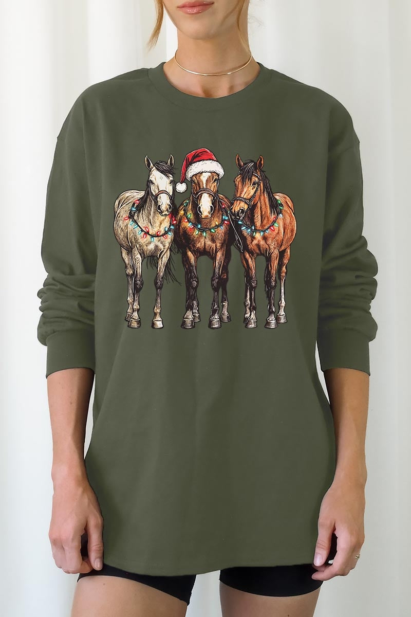 UL240-E3182 Christmas Horses Graphic Long Sleeve Tee $13.75
