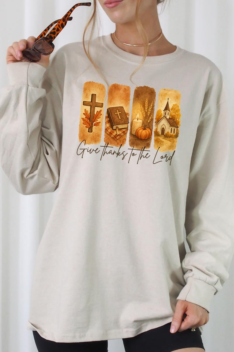 UL240-E3169 Give Thanks To The Lord Graphic Long Sleeve Tee $13.75