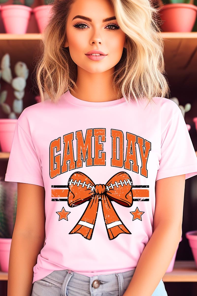 US3001P-E3064 Orange Game Day Football Bow Graphic Plus Tee $16