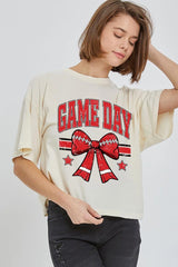 CTS-E3062 Red Game Day Football Bow Graphic Relaxed Crop Top $11