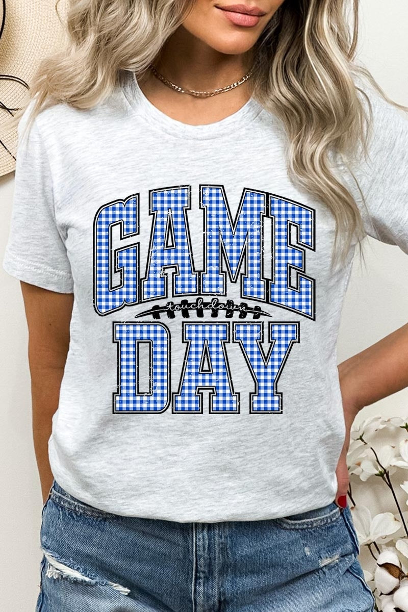 US3001-E3130 Blue Gingham Game Day Graphic Tee $12.5