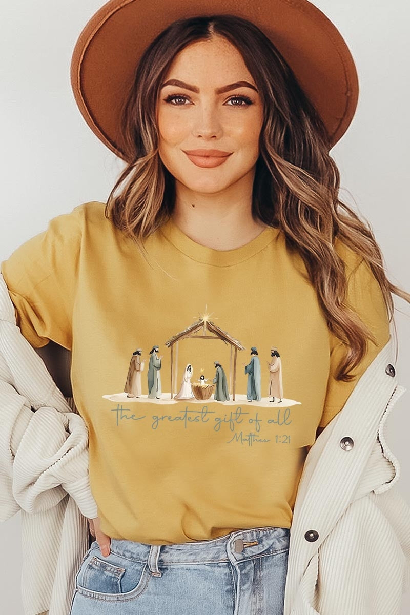 US3001P-E3183 Nativity Gift Graphic Plus Tee $16