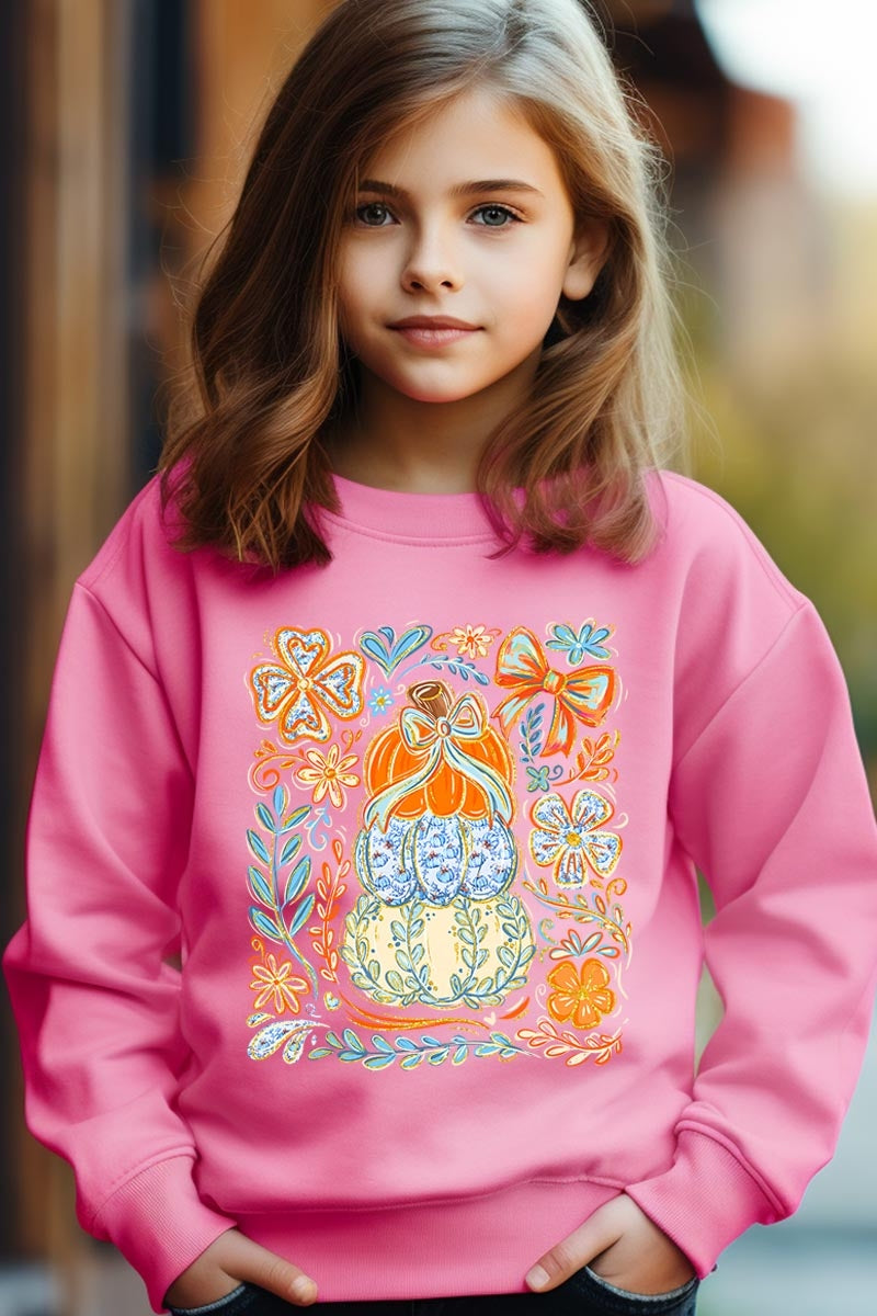 UL180B-E3153Z Floral Pumpkin Stack Kids Graphic Sweatshirt $20