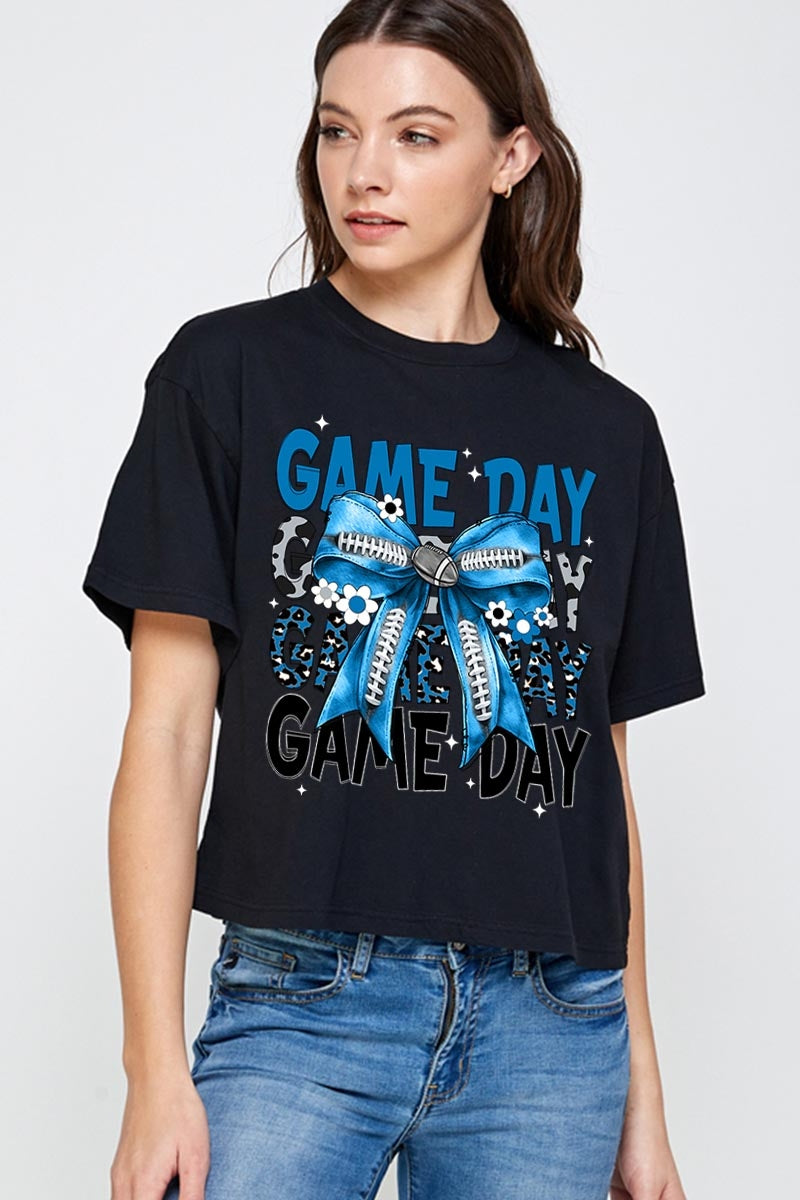CTS-E3089 Blue Silver Football Game Day Bow Relaxed Crop Top $11