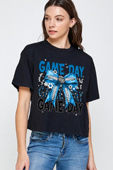CTS-E3089 Blue Silver Football Game Day Bow Relaxed Crop Top $11