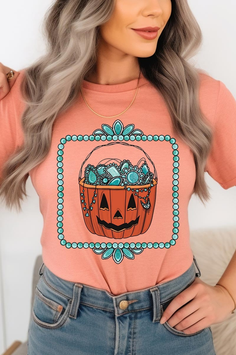 US3001P-E3140 Halloween turquoise pumpkin Graphic Plus Tee $16