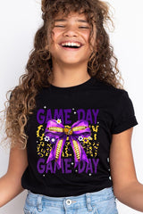 US3001Y-E3092Z Purple Yellow Football Game Day Bow Kids Tee $11