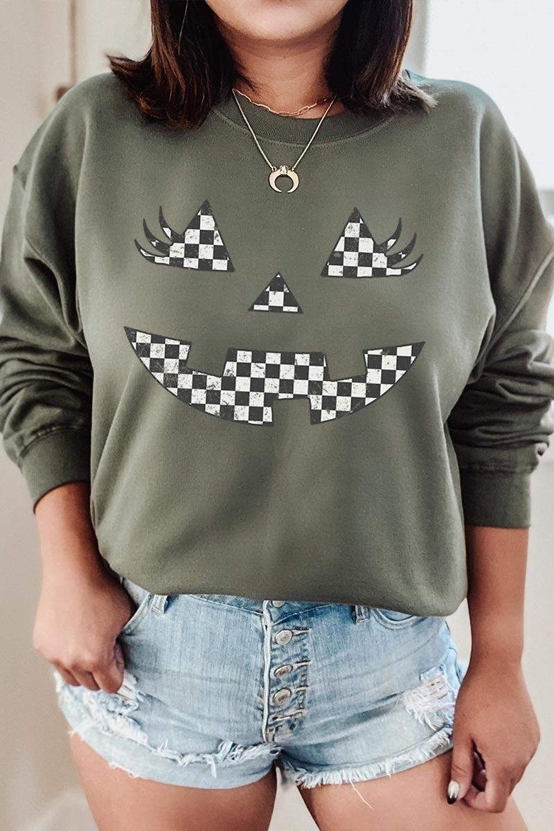 UL180-E3149 Checker Pumpkin Face Graphic Sweatshirt $20