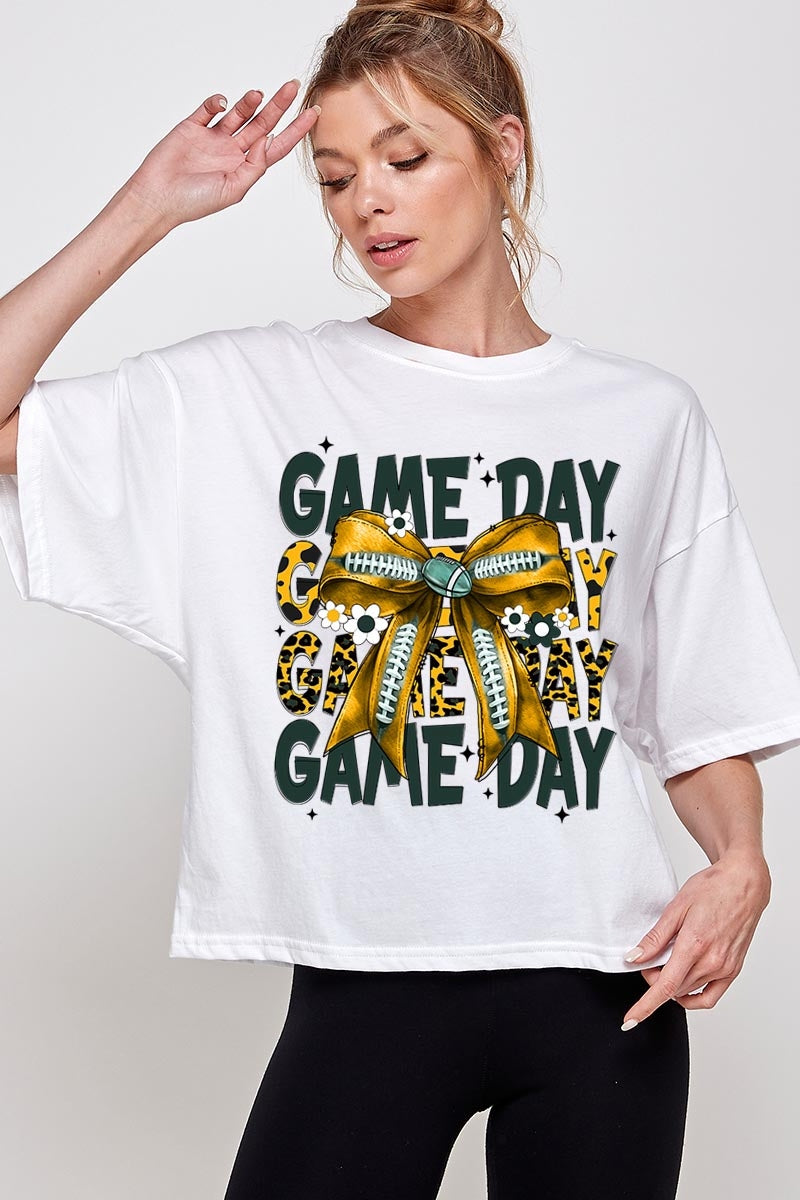 CTS-E3090 Yellow Football Game Day Bow Relaxed Crop Top $11